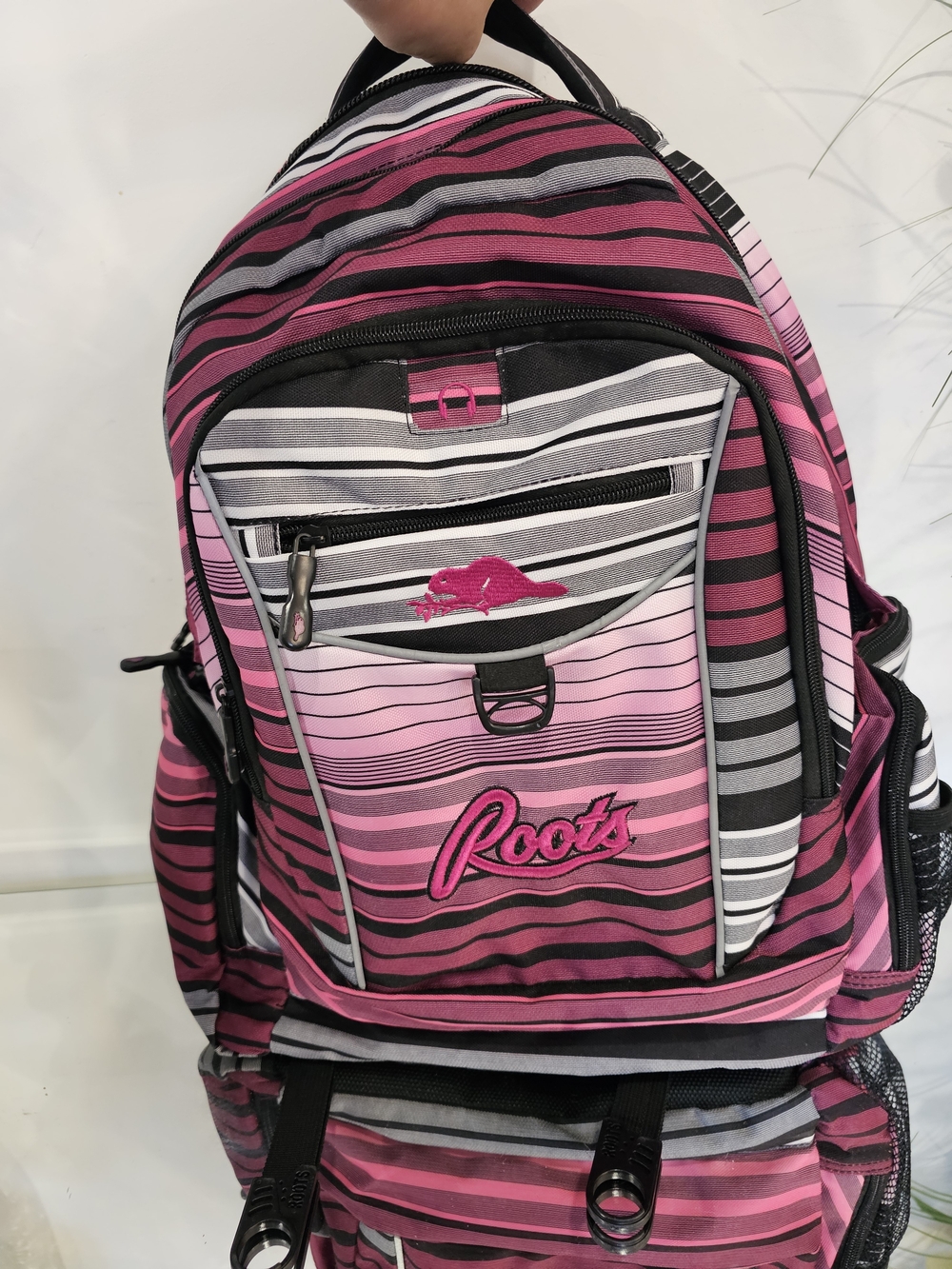 Roots Pink and Gray Striped Backpack